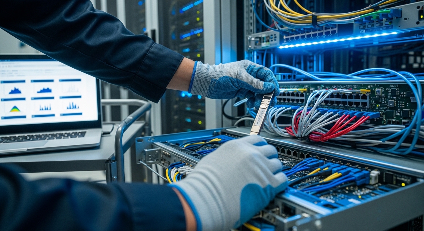 Photorealistic close-up of a network rack in a data center, a technician’s gloved hands holding a small SFP+ transceiver abov