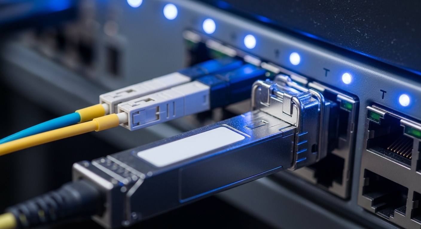 A close-up photography shot inside a network rack, showing an LC duplex fiber connection plugged into a 10G SFP+ transceiver,