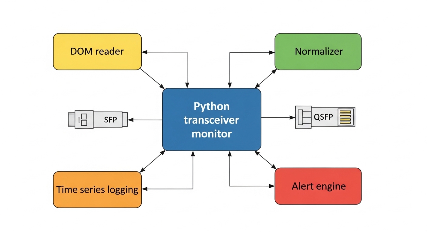 Illustration in clean vector style showing a flow diagram: “Python transceiver monitor” at center, arrows to “DOM reader,” “N