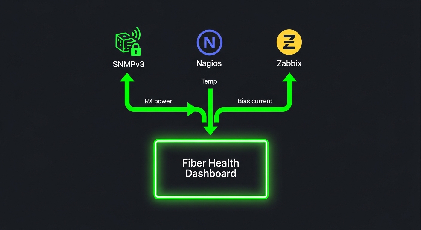 Conceptual illustration of a network monitoring flowchart, with icons for SNMPv3, Nagios, and Zabbix feeding a fiber health d