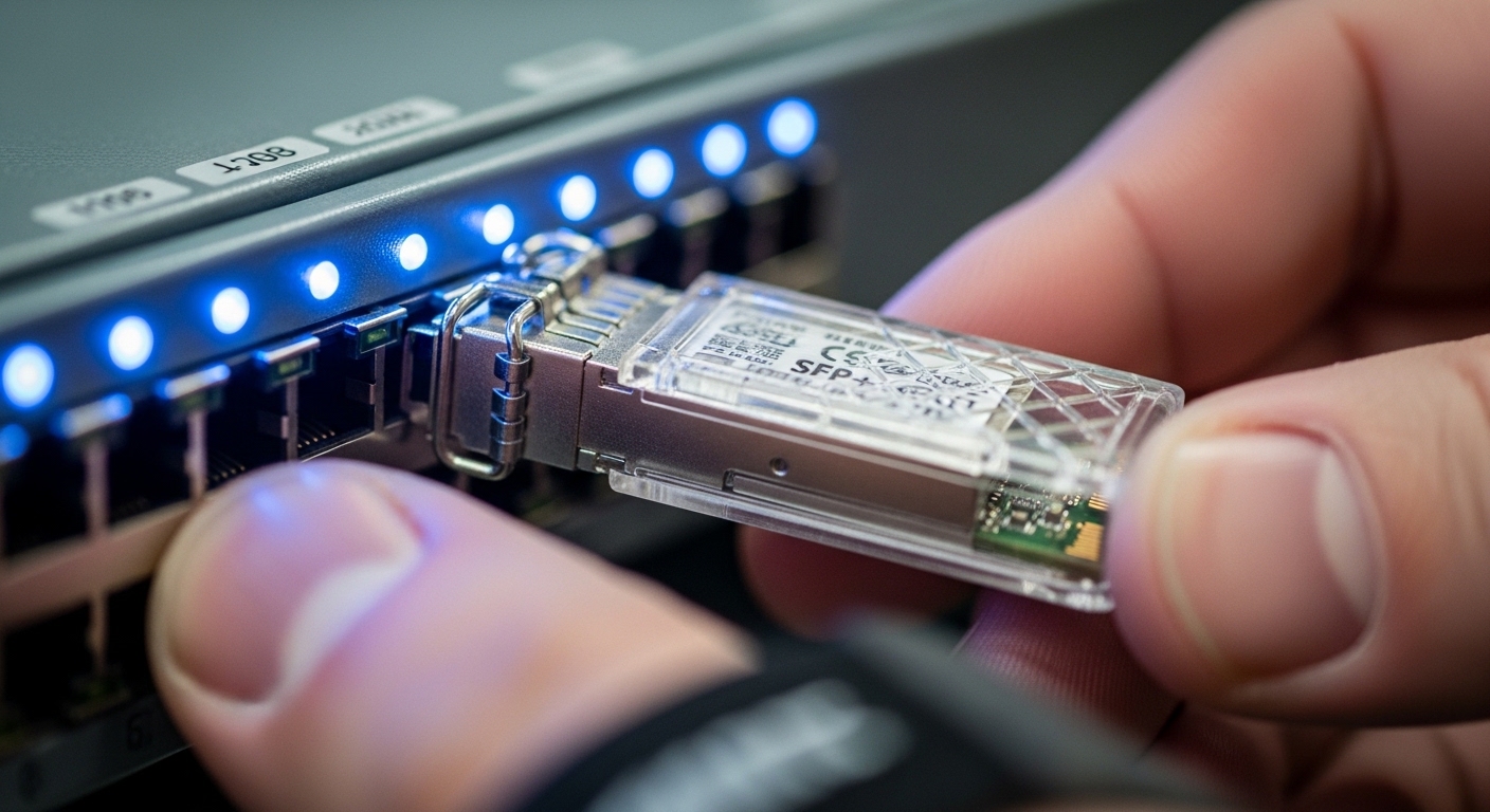 Close-up macro photography of an SFP+ transceiver being inserted into a switch cage, with the module PCB visible through a tr