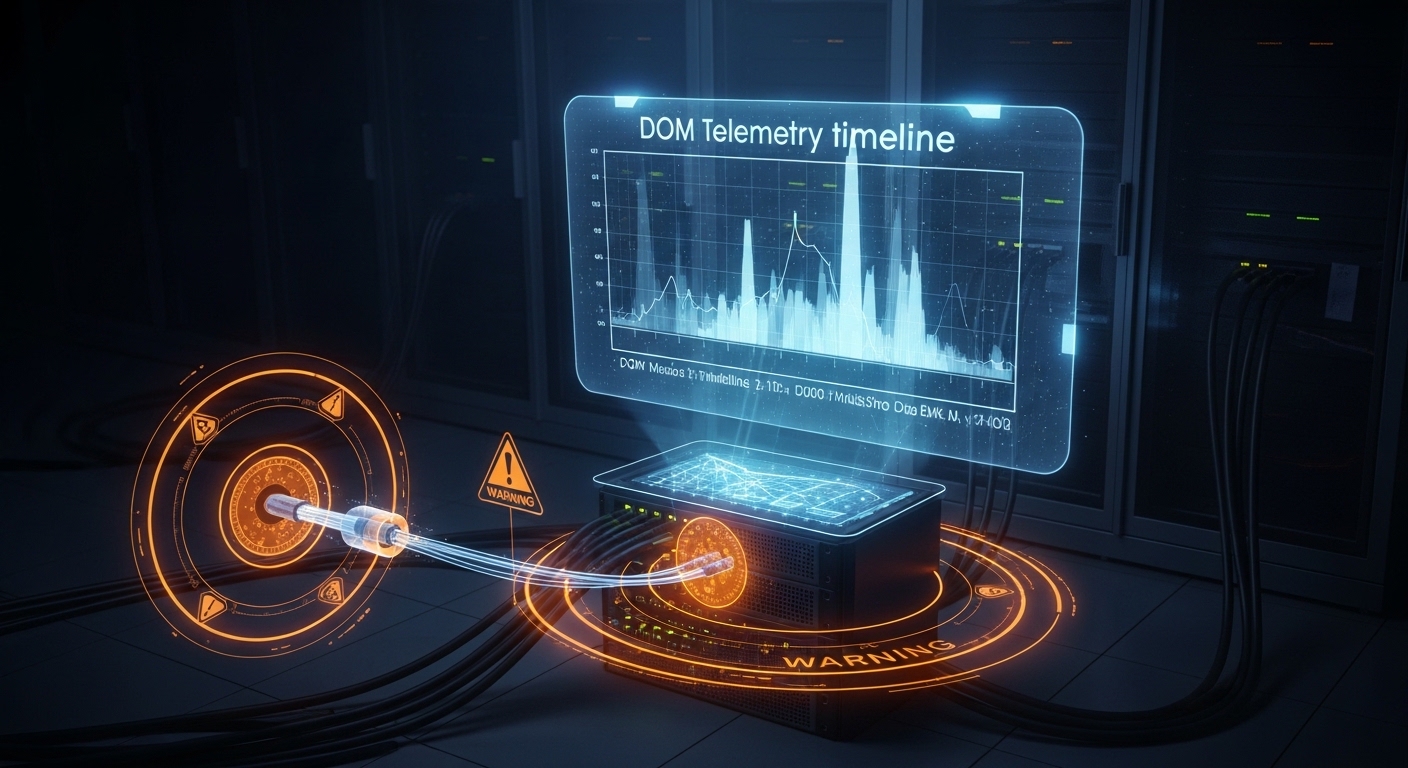 Concept art style scene: a dark server room with glowing orange warning overlays around a fiber link, a translucent “DOM tele