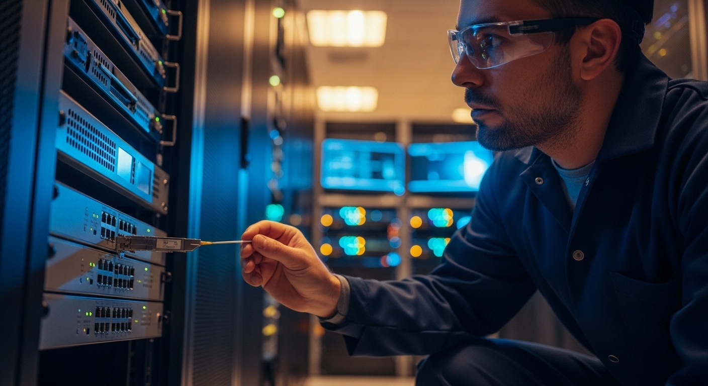 Lifestyle scene of a field engineer kneeling at an access switch in a server room, holding a fiber cleaning swab and inspecti