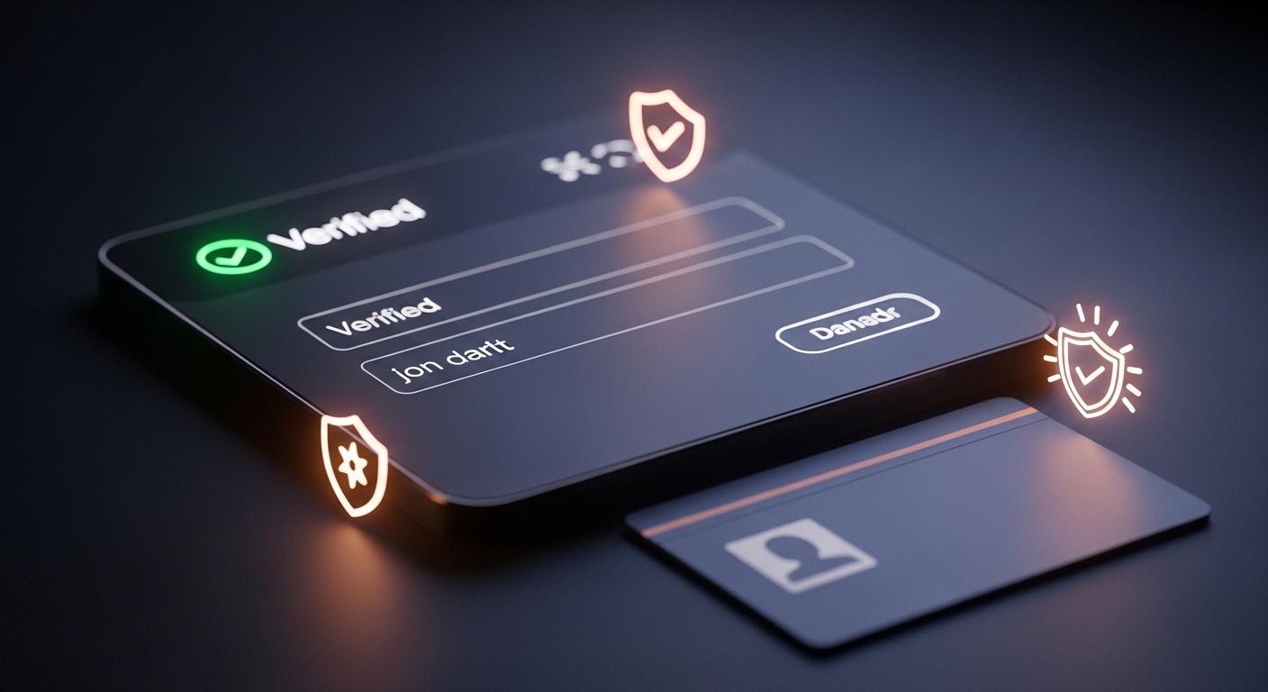 Illustrated concept art showing a supply chain “identity card” overlay on top of an optical transceiver module; the card disp