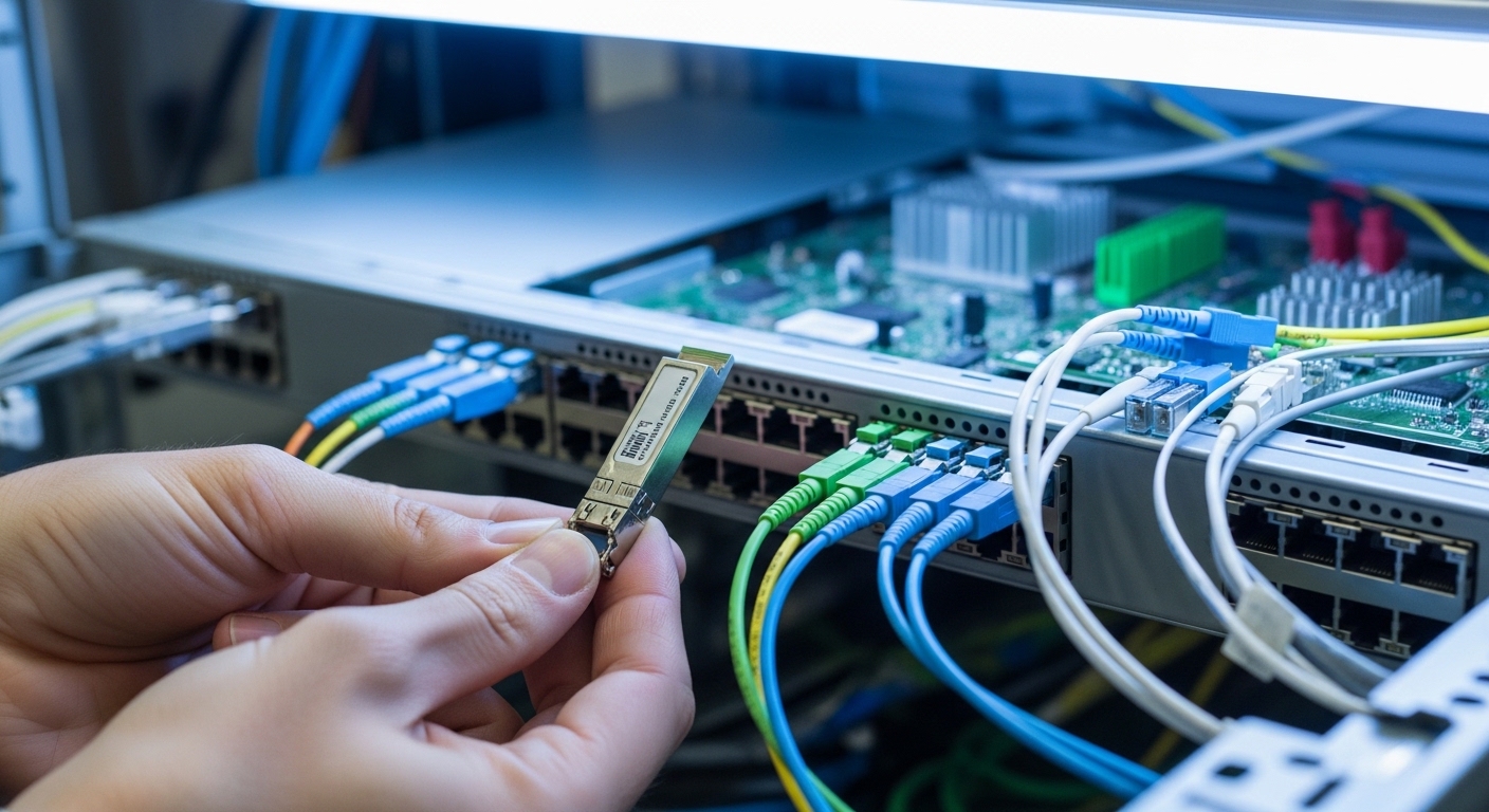 Close-up photography of a field engineer holding a 10G SFP+ optical transceiver above an open switch chassis, with fiber patc