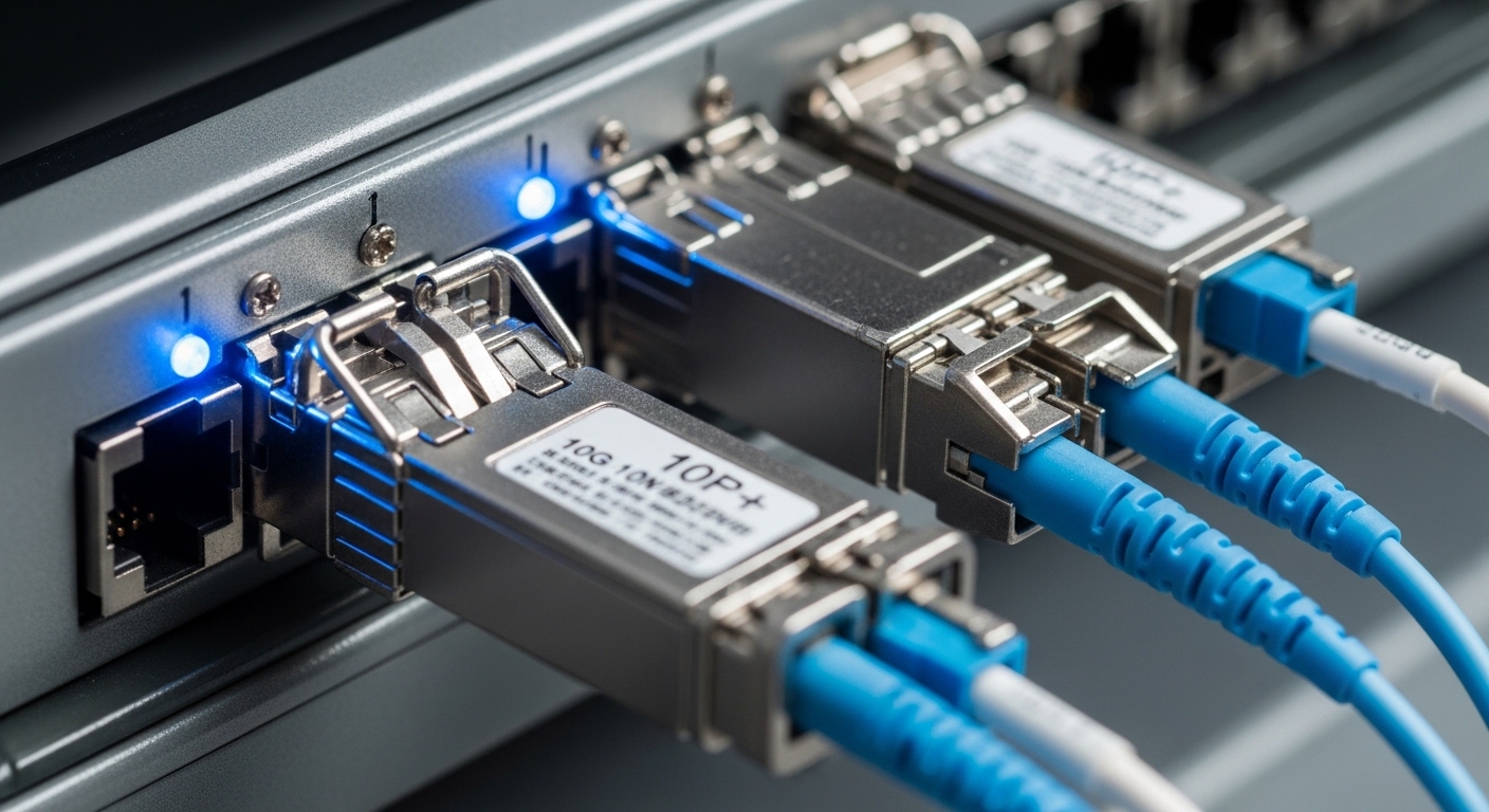 Close-up macro photography of two installed 10G SFP+ transceivers with LC fiber connectors on a rack switch faceplate, shallo
