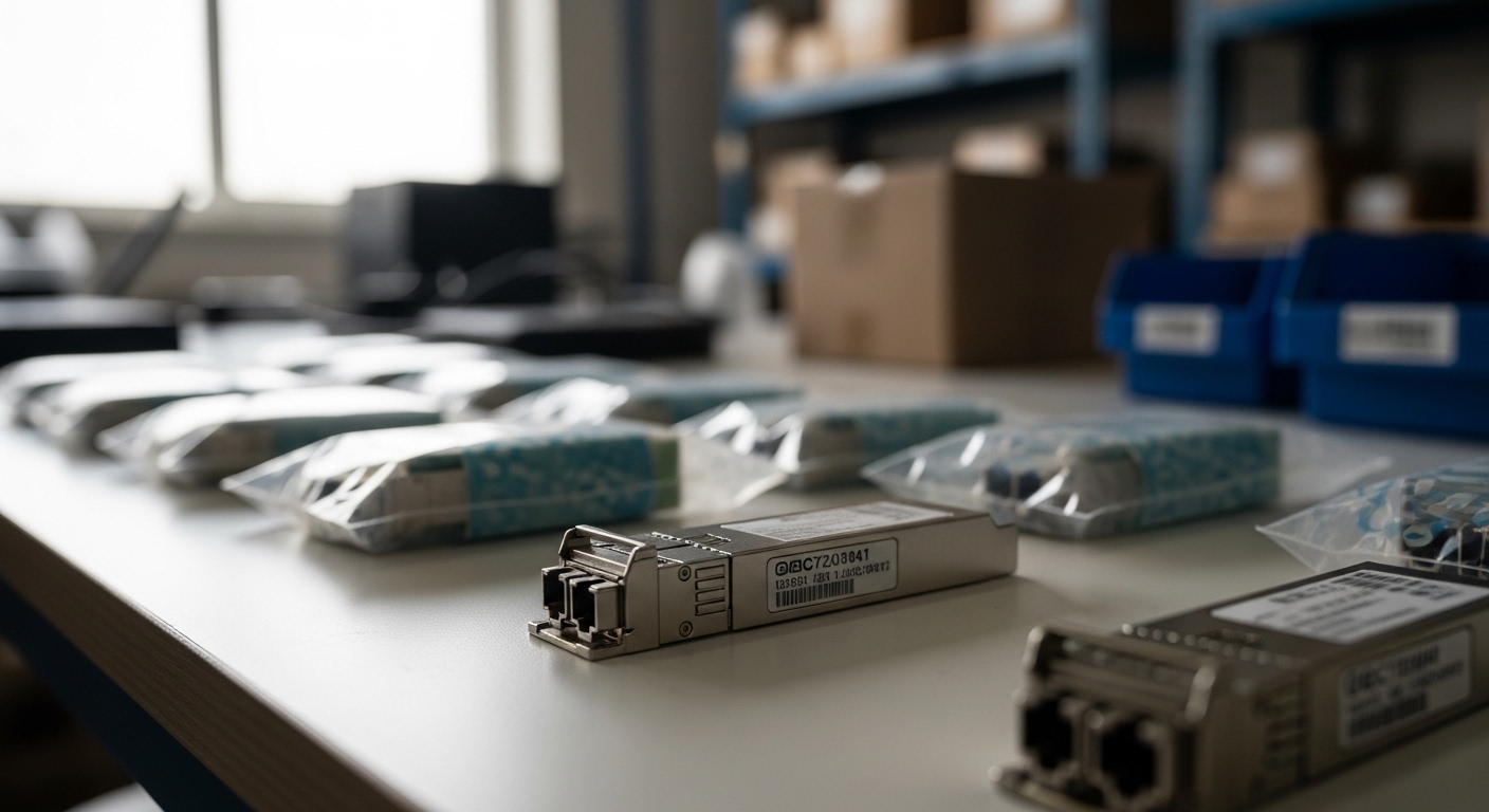 Documentary-style photo of authentic fiber module, Optical Transceiver Supply Chain: Avoiding Counterfeit Modules, natural li