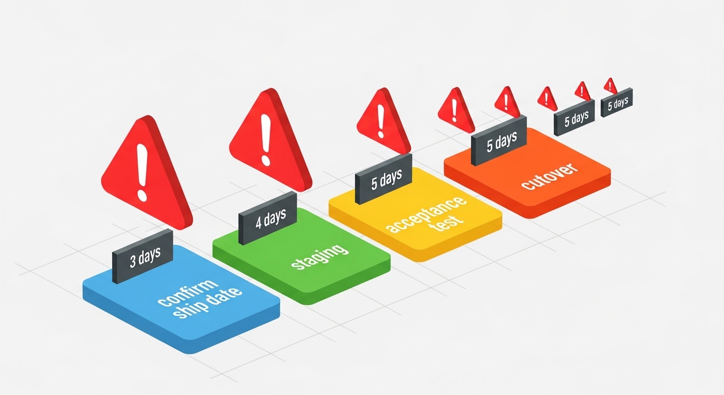 Illustration in a clean isometric style showing a supply chain timeline with boxes labeled “confirm ship date,” “staging,” “a