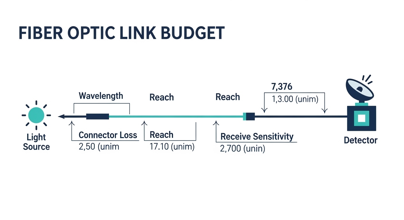 Vector illustration concept showing a fiber link budget diagram with labeled terms like wavelength, reach, connector loss, an