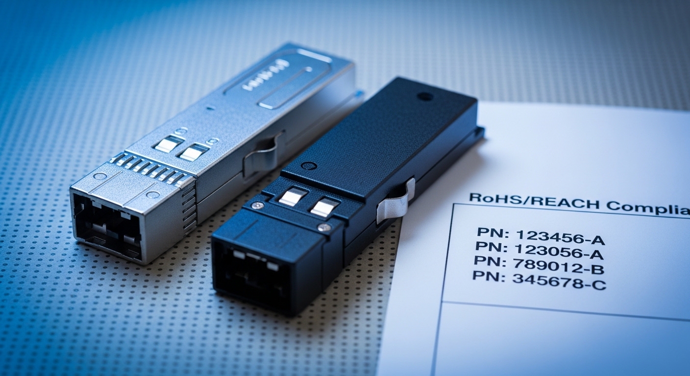 Close-up photography of two fiber optic transceiver modules on an ESD-safe mat, beside a printed RoHS/REACH compliance docume