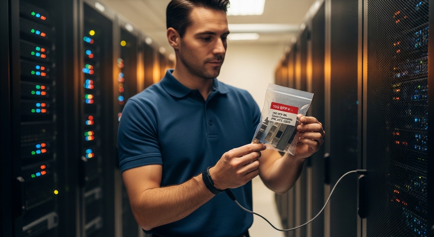 Photorealistic lifestyle scene of an operations engineer in a server room holding a labeled transceiver anti-static bag, rack