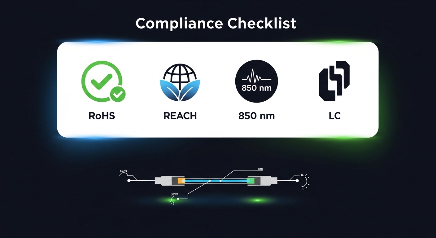 Vector illustration concept art showing a compliance checklist floating above a schematic of a fiber optic link, with icons f