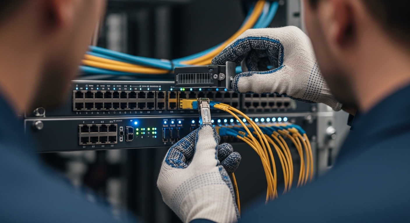 Close-up photography of a rack-mounted fiber switch with two technicians holding a small form-factor pluggable transceiver mo