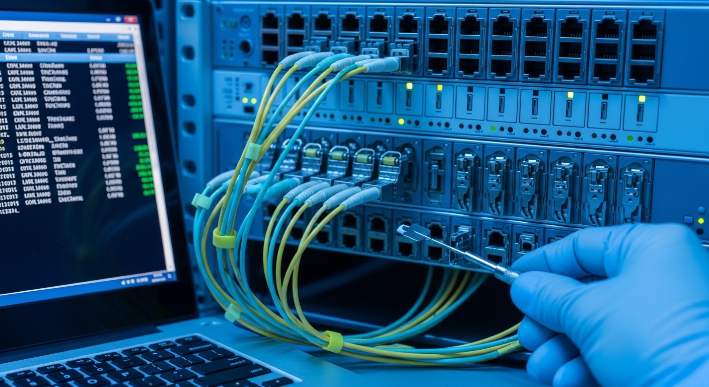 Realistic close-up photography of a rack-mounted leaf-spine switch with several installed SFP+ and SFP28 transceivers; a tech