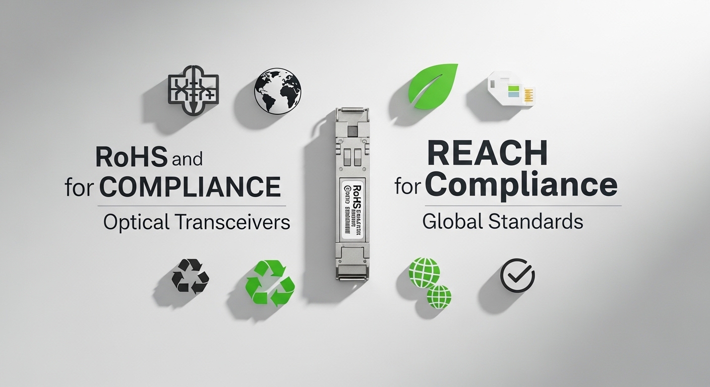 Overhead flat-lay composition of RoHS transceiver, RoHS and REACH Compliance for Optical Transceivers: Global Standards, styl
