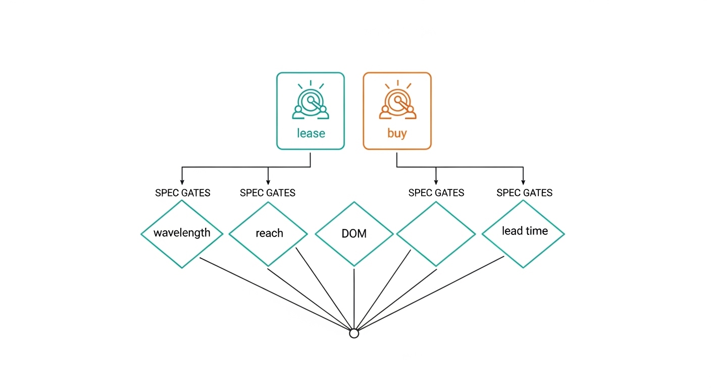 Vector illustration concept art showing a decision flow between “lease” and “buy” icons connected to spec gates labeled wavel