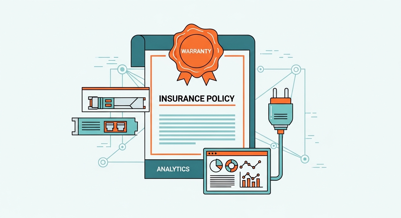 Clean vector illustration concept art showing an insurance policy document overlaying a simplified network diagram; icons for