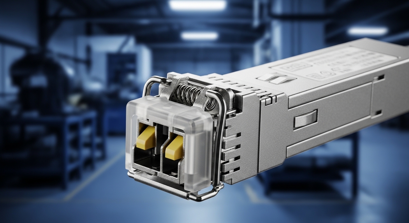 A macro photography scene of a ruggedized SFP+ fiber transceiver with a metal housing, showing spring latch details and a dus