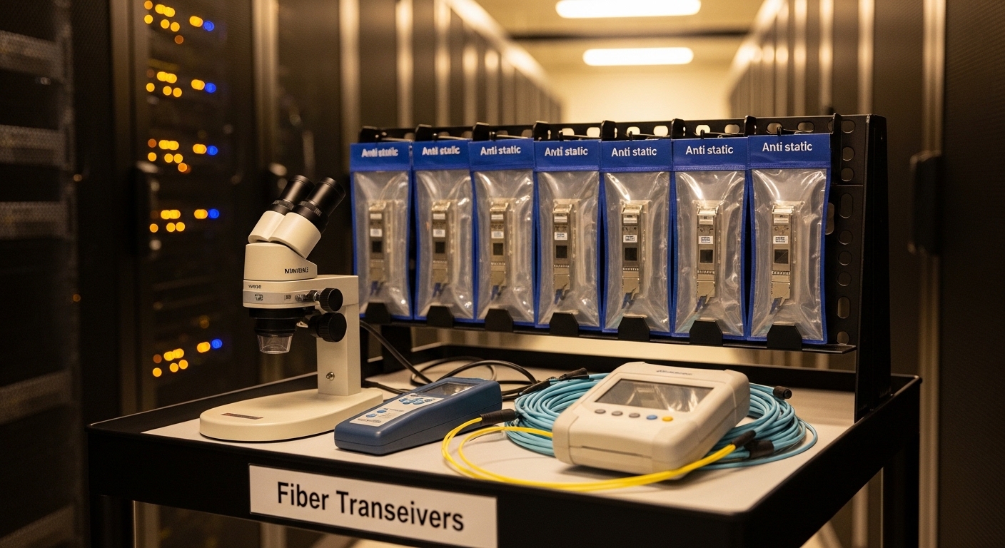 Photograph in a server room aisle: a rolling cart labeled with sealed anti-static sleeves containing fiber transceivers; a ha