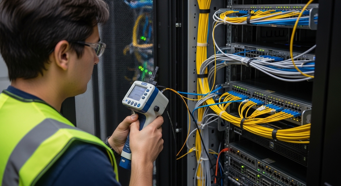 Lifestyle-style documentary photo of a data center aisle; a network engineer in a high-visibility vest uses a fiber inspectio
