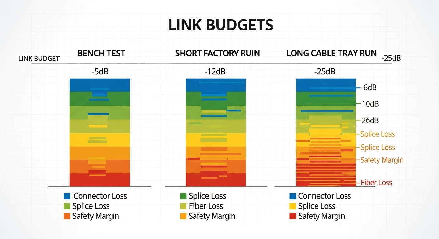 Clean vector-style illustration comparing three link budgets (bench test, short factory run, long cable tray run) with color-