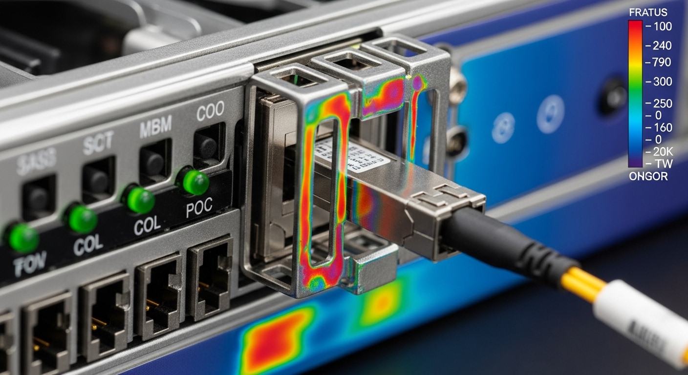 Close-up macro photography of an SFP transceiver seated in a metal cage on a liquid-cooled server front panel, with a thermal