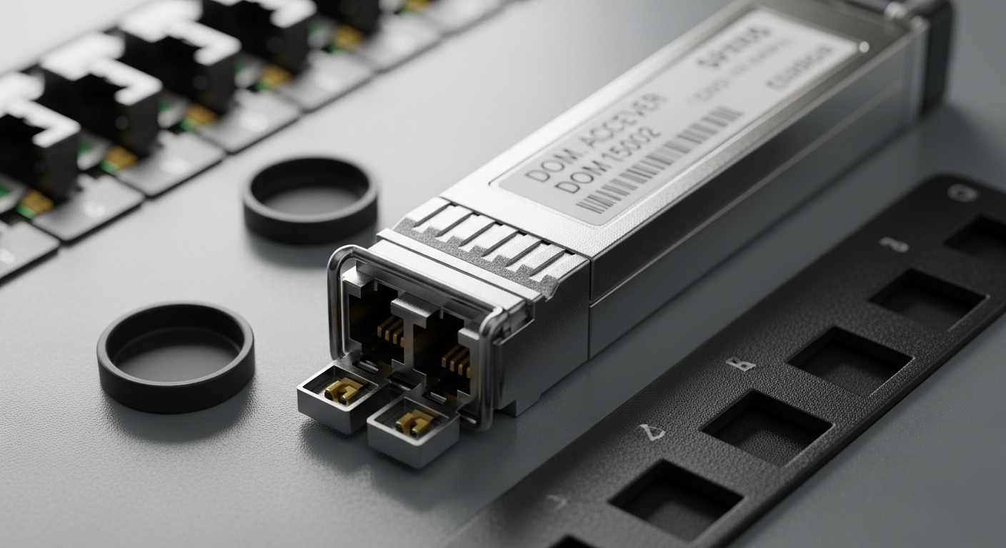 Close-up macro photography of an SFP transceiver plugged into a rugged metro access NID faceplate, showing LC fiber connector