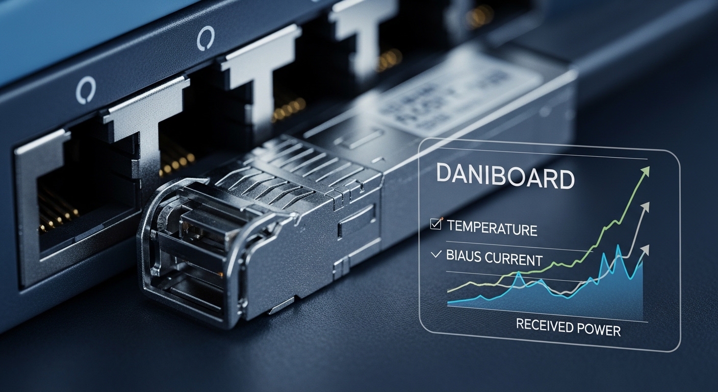 Close-up macro photography of an SFP+ transceiver plugged into a switch port, with a translucent overlay of a dashboard showi