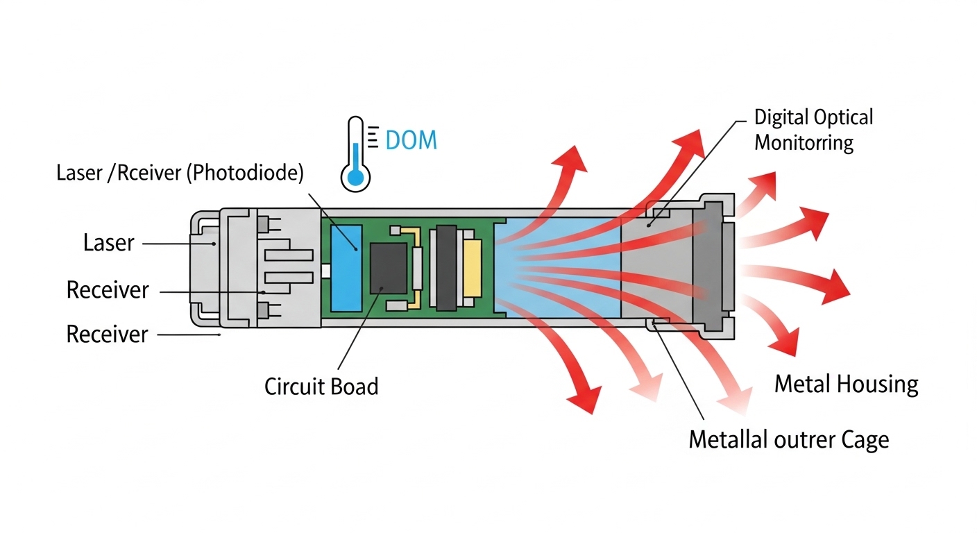 Clean engineering illustration showing an SFP transceiver cross-section diagram with labeled heat flow arrows from the laser/