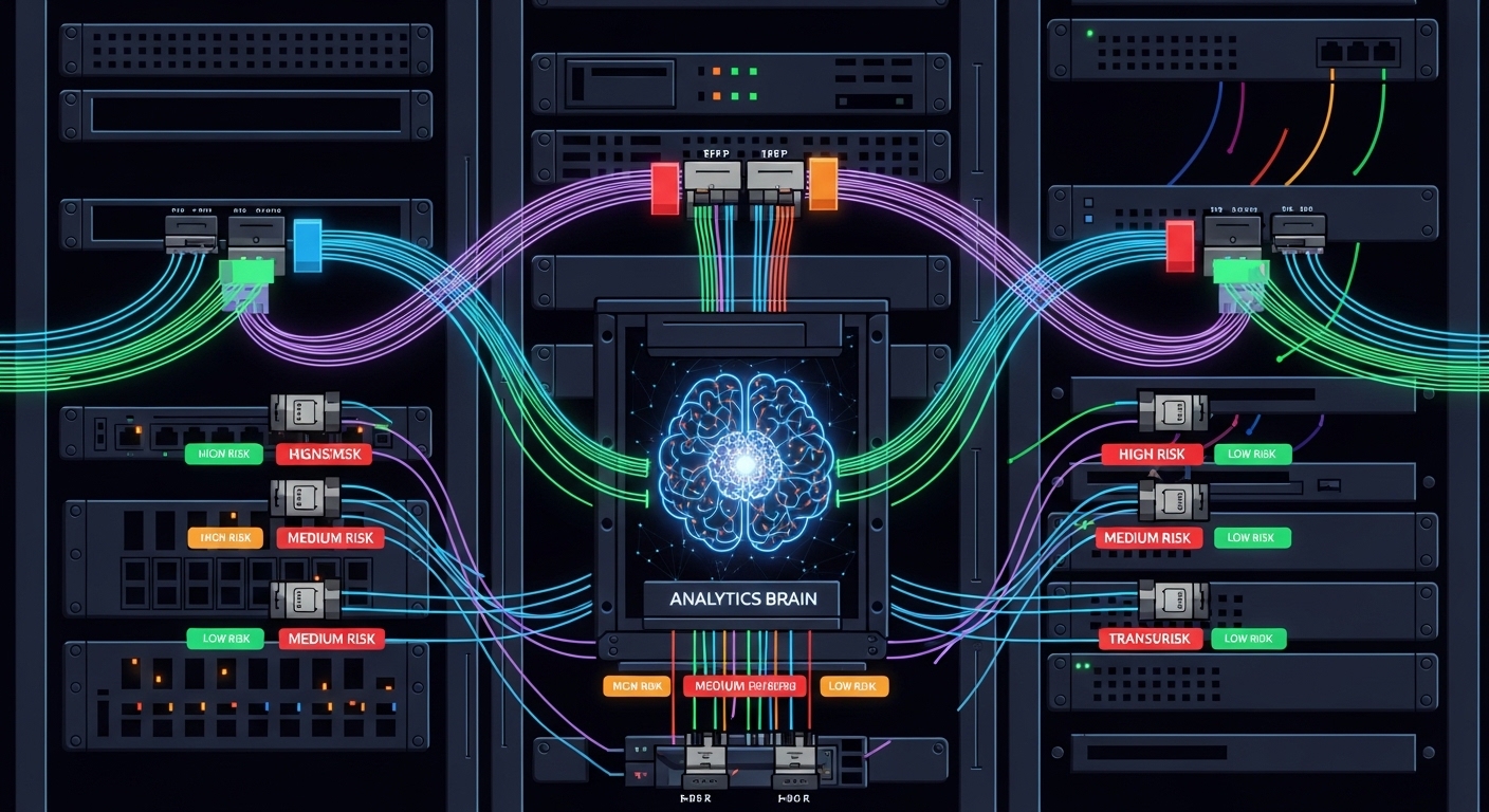 Vector illustration concept art showing a network rack with glowing fiber routes, small SFP icons feeding into a central anal