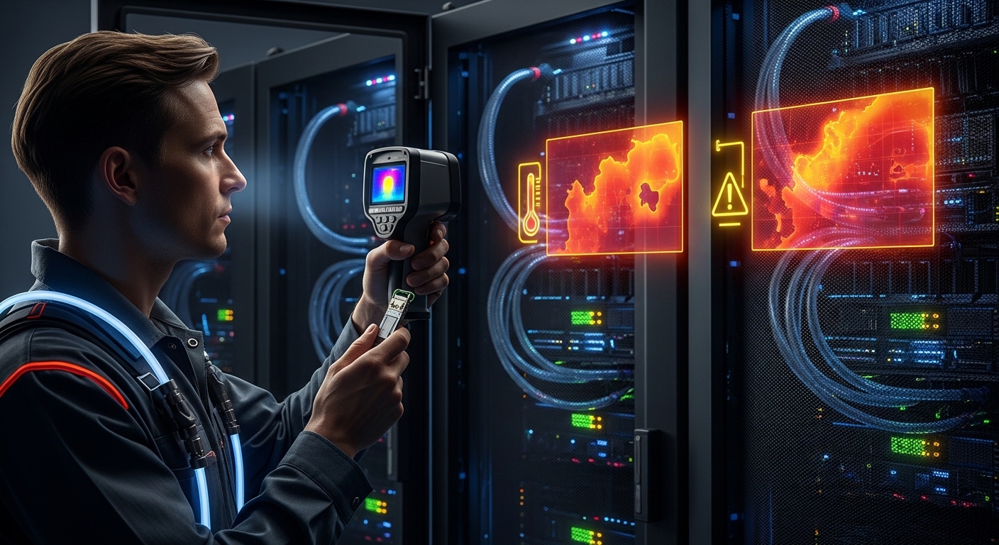 Concept art style scene of a maintenance engineer holding a thermal camera and an SFP module at the open front of a liquid-co