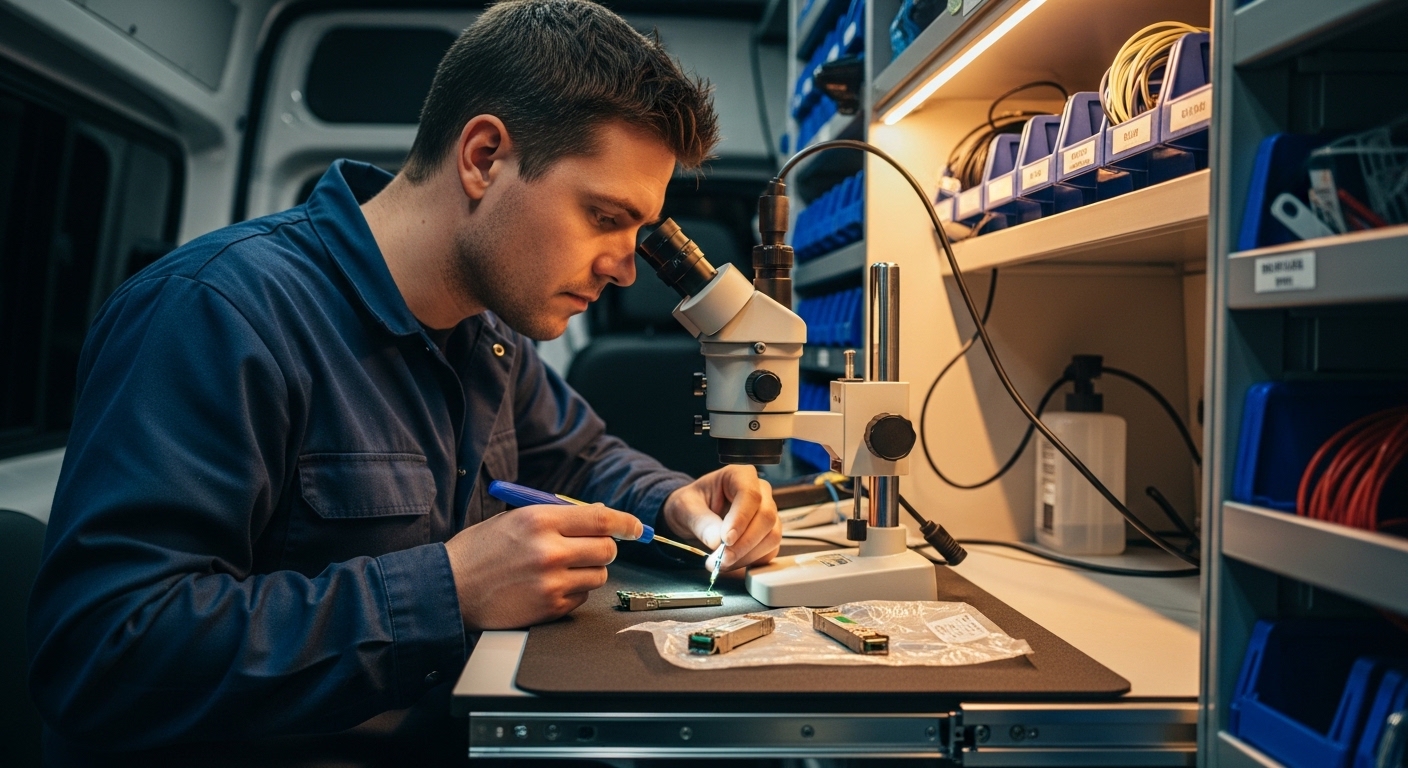 Photorealistic lifestyle scene inside a telecom field service van, showing a technician with an optical cleaning kit, an insp