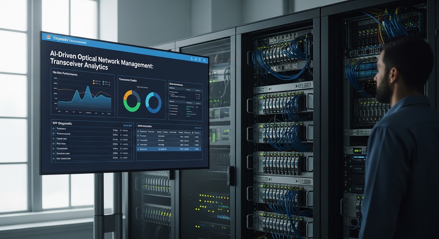 Documentary-style photo of AI-driven SFP management, AI-Driven Optical Network Management: Transceiver Analytics, natural lig