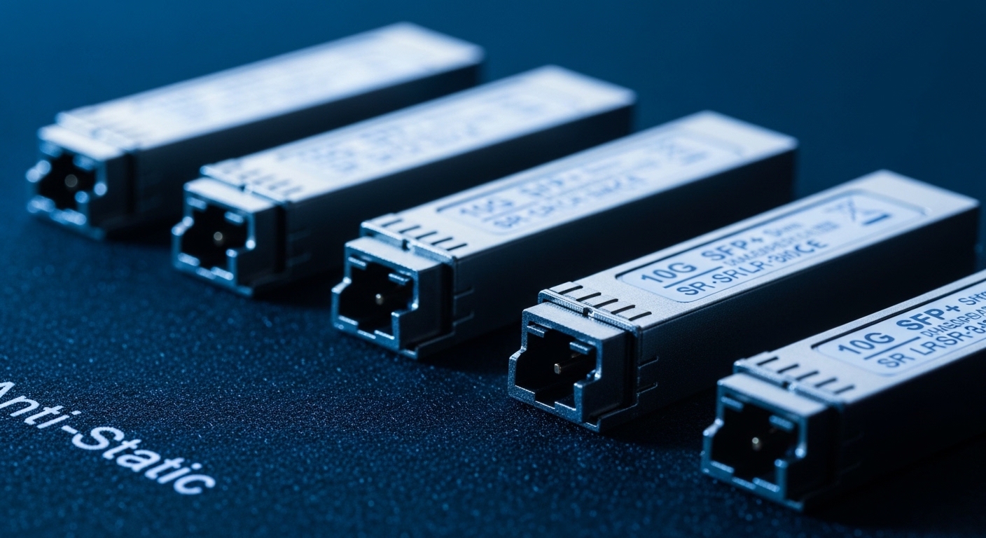 Close-up product photography of several 10G SFP+ transceivers on an anti-static mat, connectors facing the camera, labels rea