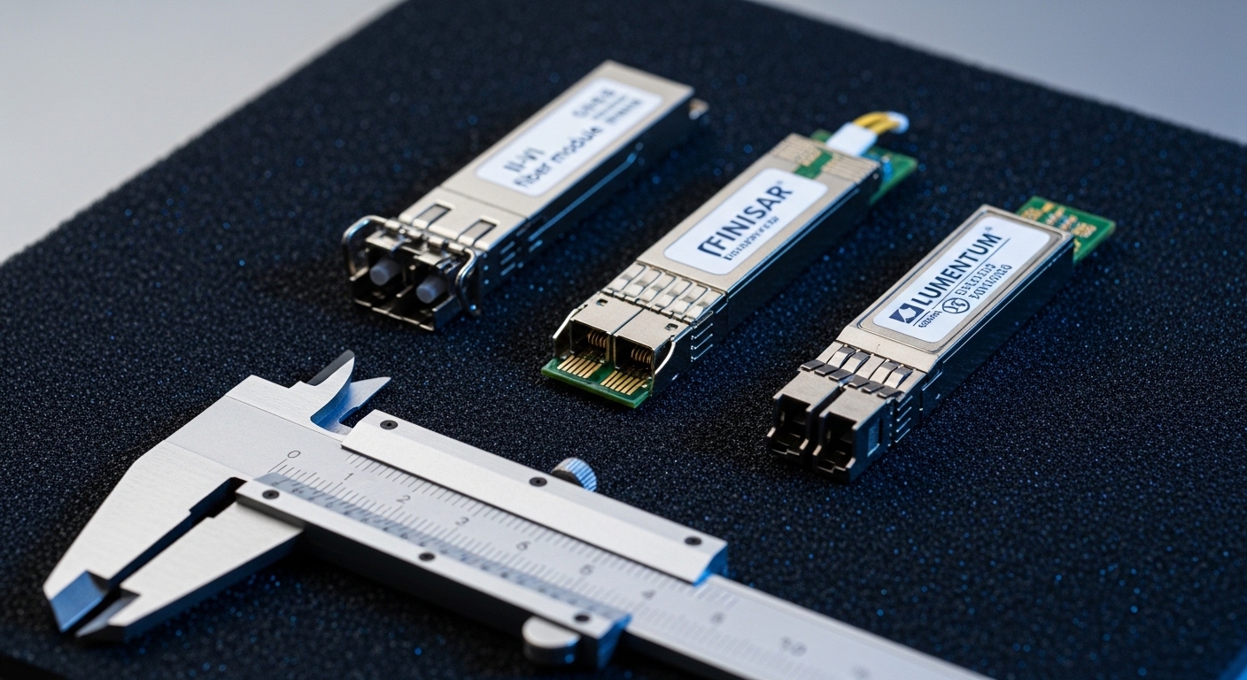 A high-resolution macro photography scene of three small pluggable transceivers labeled generically (left: II-VI fiber module