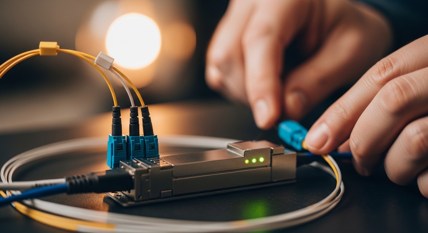 Lifestyle scene featuring QKD fiber optic, Quantum Key Distribution (QKD) and Fiber Optics: Transceiver Role, warm ambient li