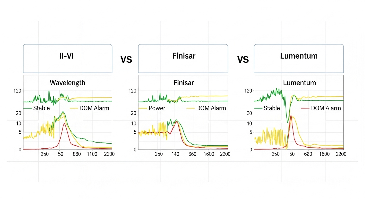 Clean vector illustration comparing three optical transmitter blocks (labeled II-VI, Finisar, Lumentum) showing wavelength, p