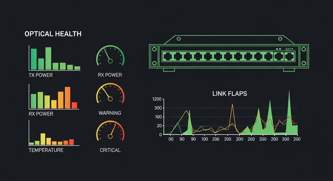 Minimalist illustration showing a network rack with color-coded “optical health” gauges (TX power, RX power, temperature) nex