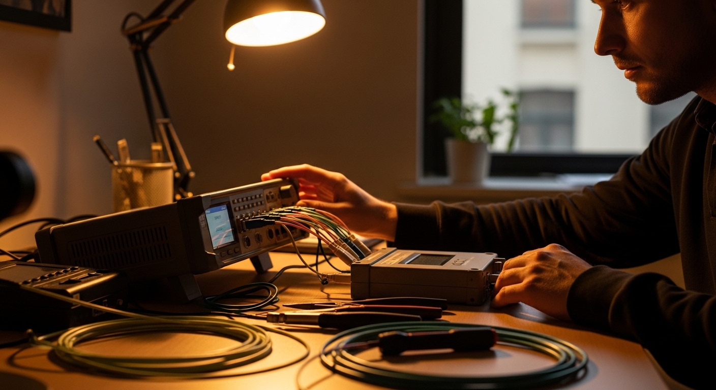 Lifestyle scene featuring QKD fiber optic, Quantum Key Distribution (QKD) and Fiber Optics: Transceiver Role, warm ambient li