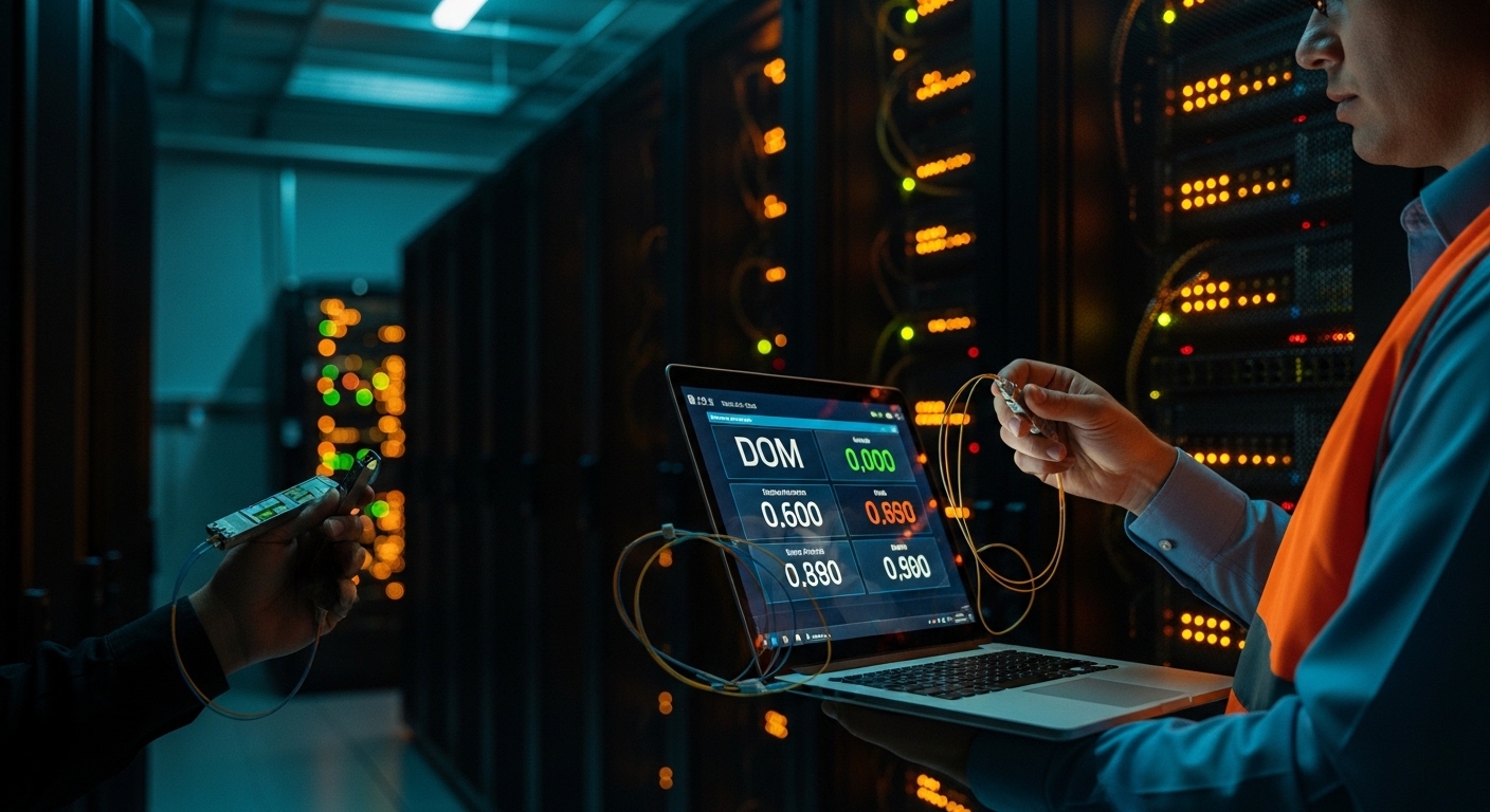 Realistic lifestyle scene inside a server room at dusk, an engineer in safety vest using a laptop to read DOM values while ho