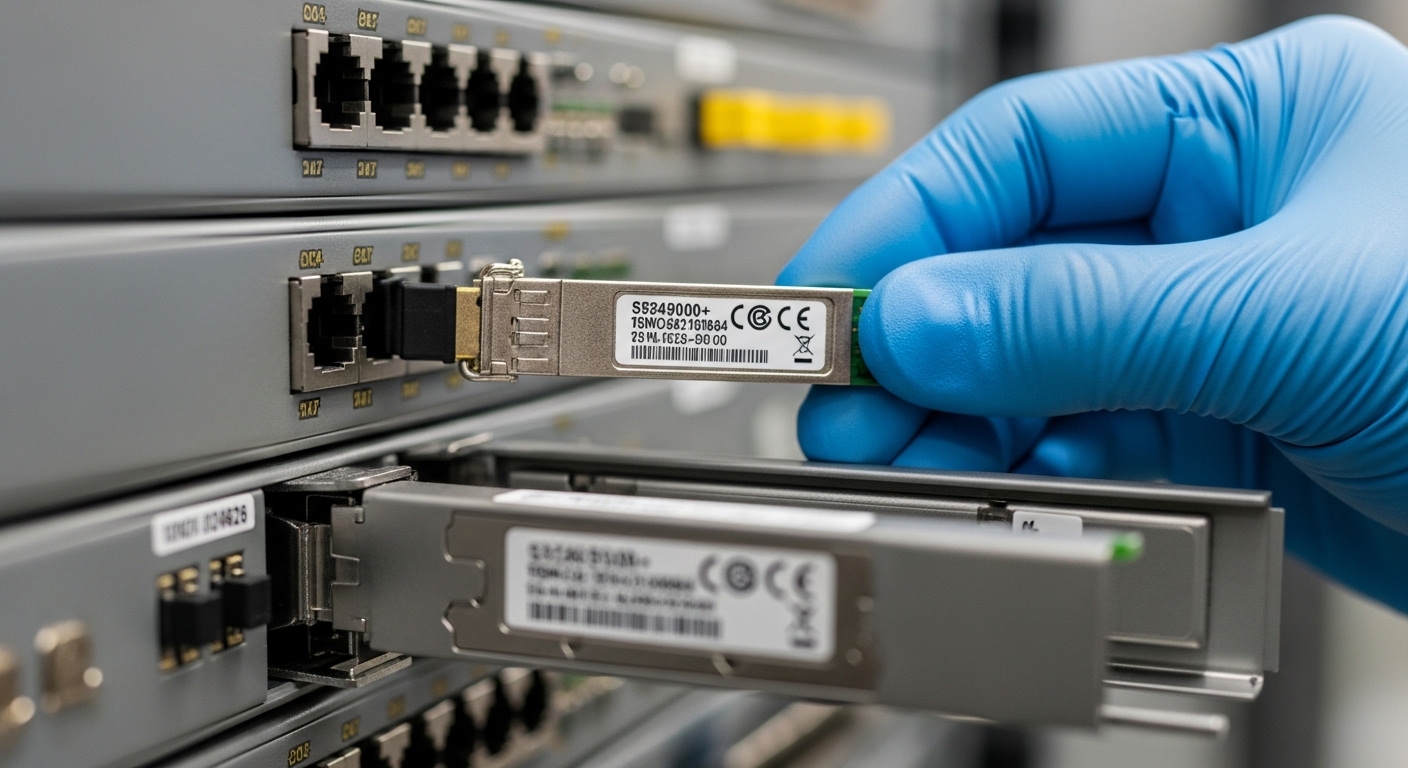 Close-up photography of a telecom rack row, gloved technician holding an optical SFP+ module above an open switch cage, macro