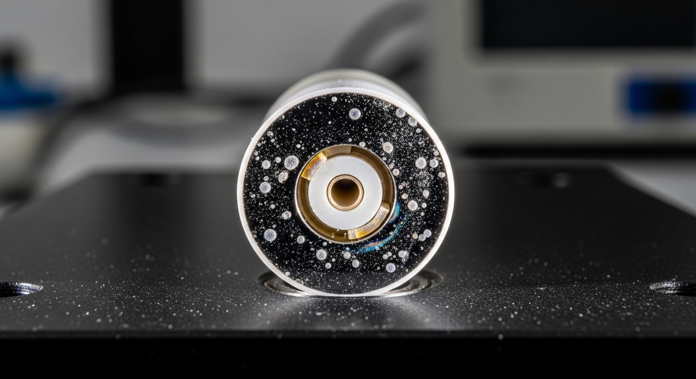 Ultra-realistic macro photography of an LC fiber connector endface on a black inspection stage, showing visible dust and fain