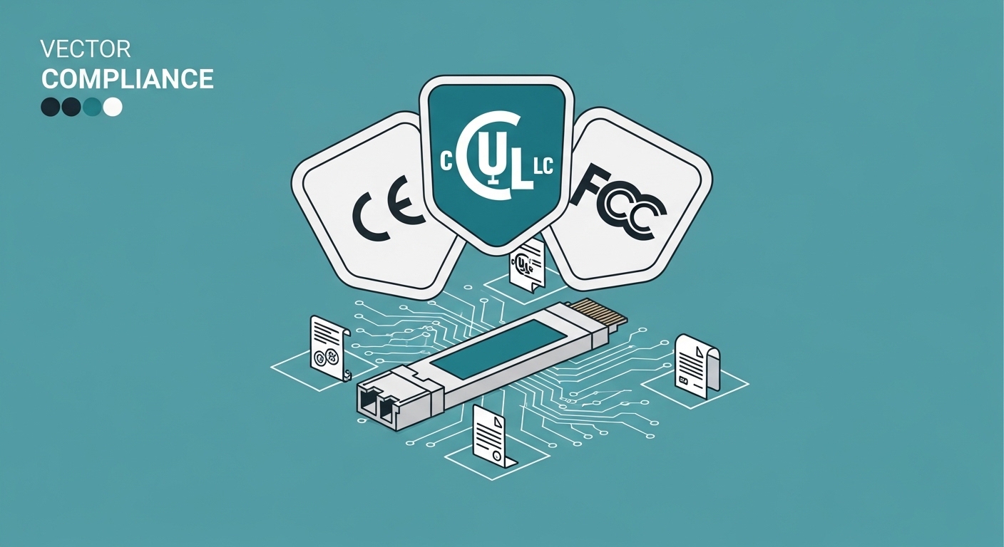 Vector illustration concept art of three overlapping compliance badges labeled CE, UL, and FCC hovering above a fiber optic t