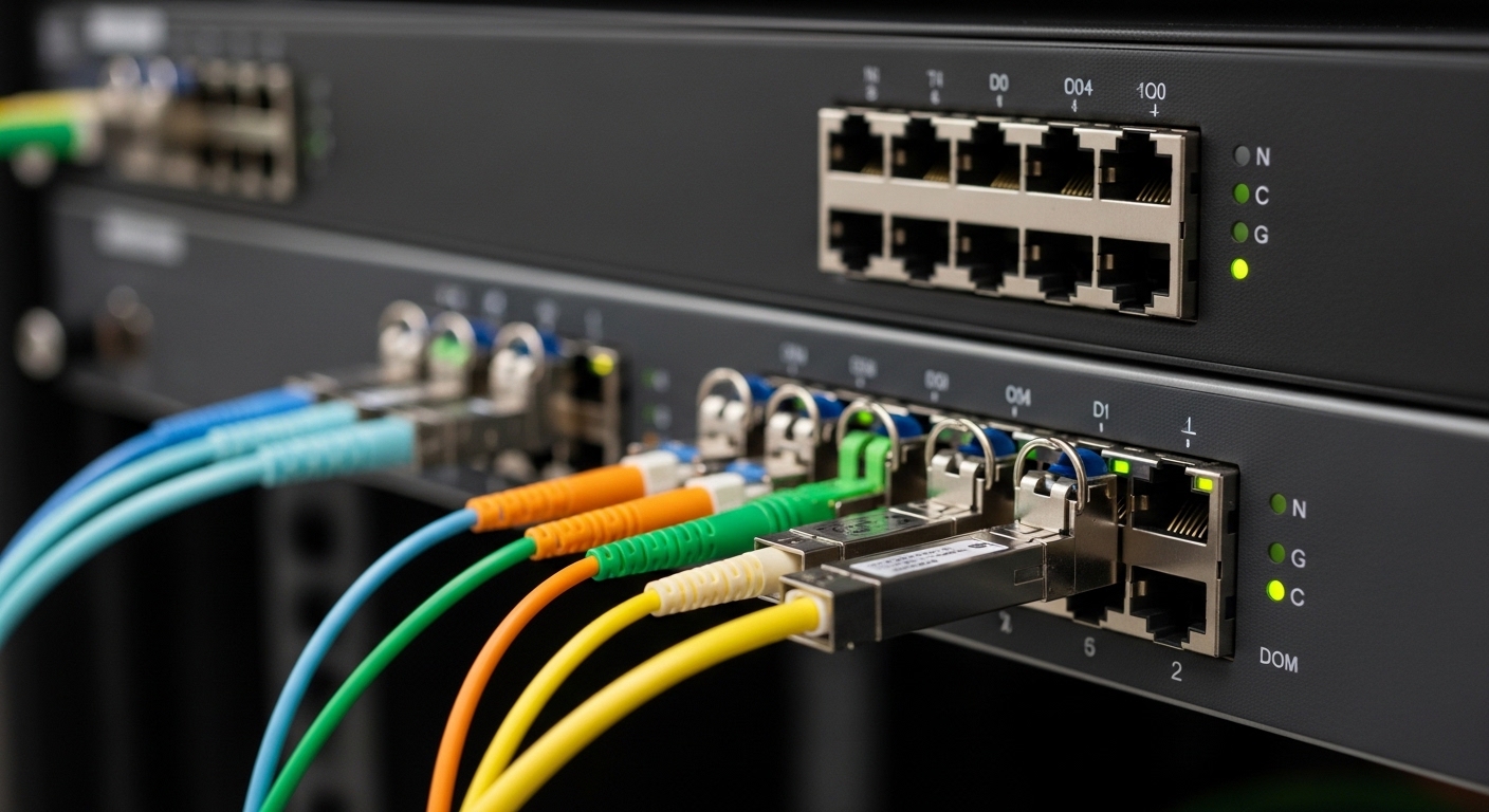 Close-up photography of two network switches on a rack, showing four SFP+ transceivers installed in neighboring ports with co