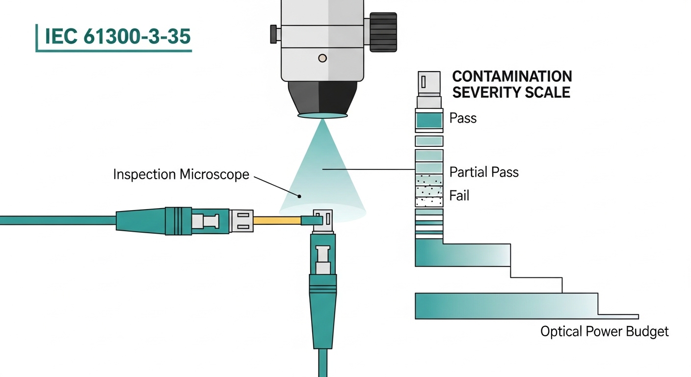 Clean, vector-style technical illustration showing an IEC 61300-3-35 cleanliness inspection workflow: a fiber patch cord with