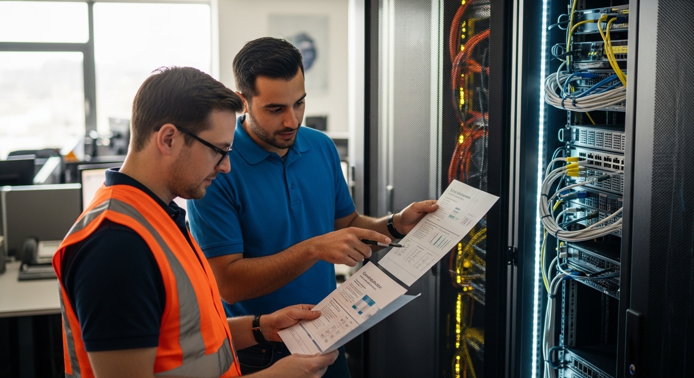 Lifestyle scene photography of a compliance engineer and network technician reviewing printed certification reports beside an