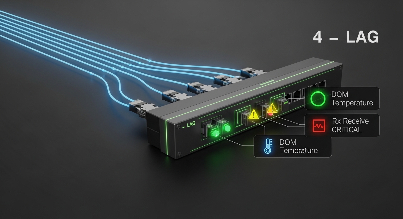 Vector illustration concept art showing a four-lane LAG as parallel fiber links feeding into a switch block; icons represent 