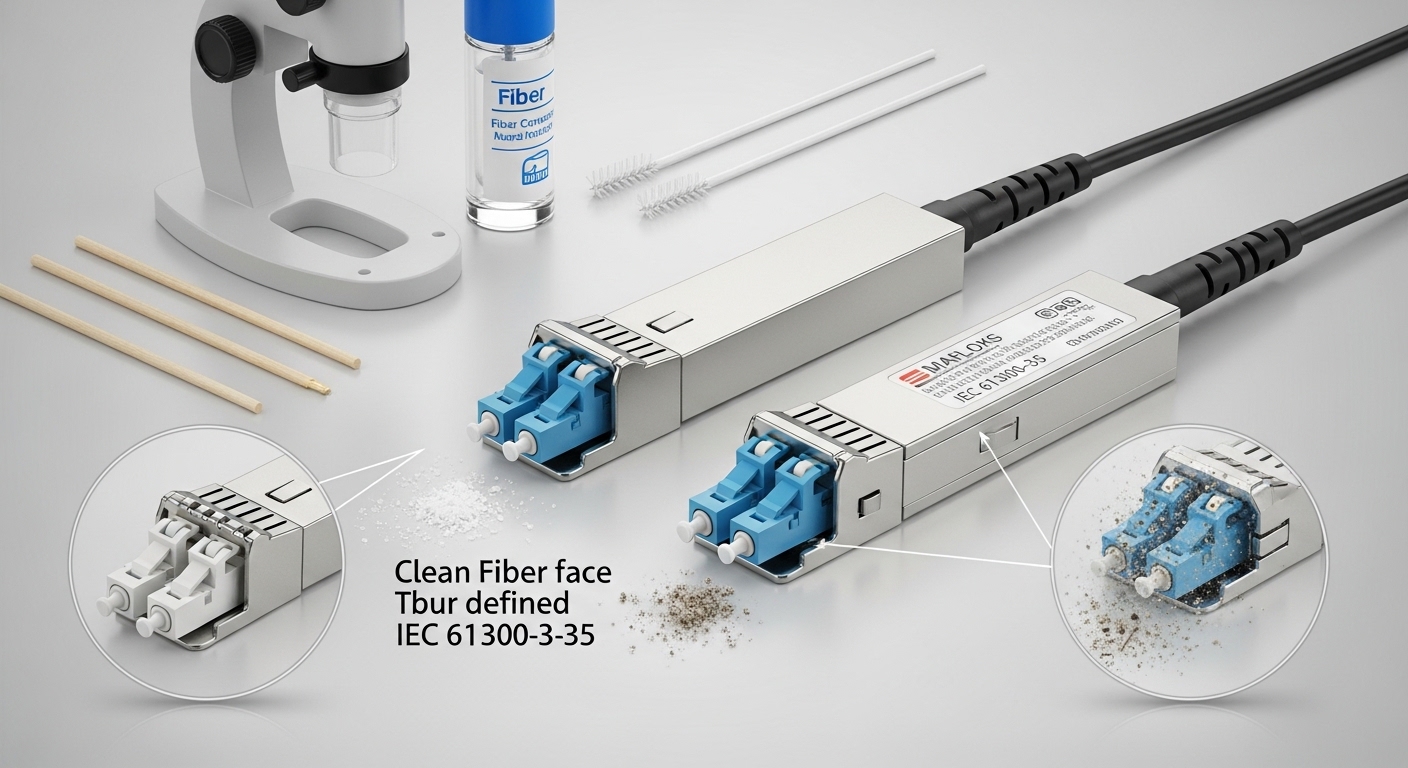 Professional product photography of IEC 61300-3-35, Optical Connector Cleanliness: How Dirty Connectors Fail SFP Links, clean