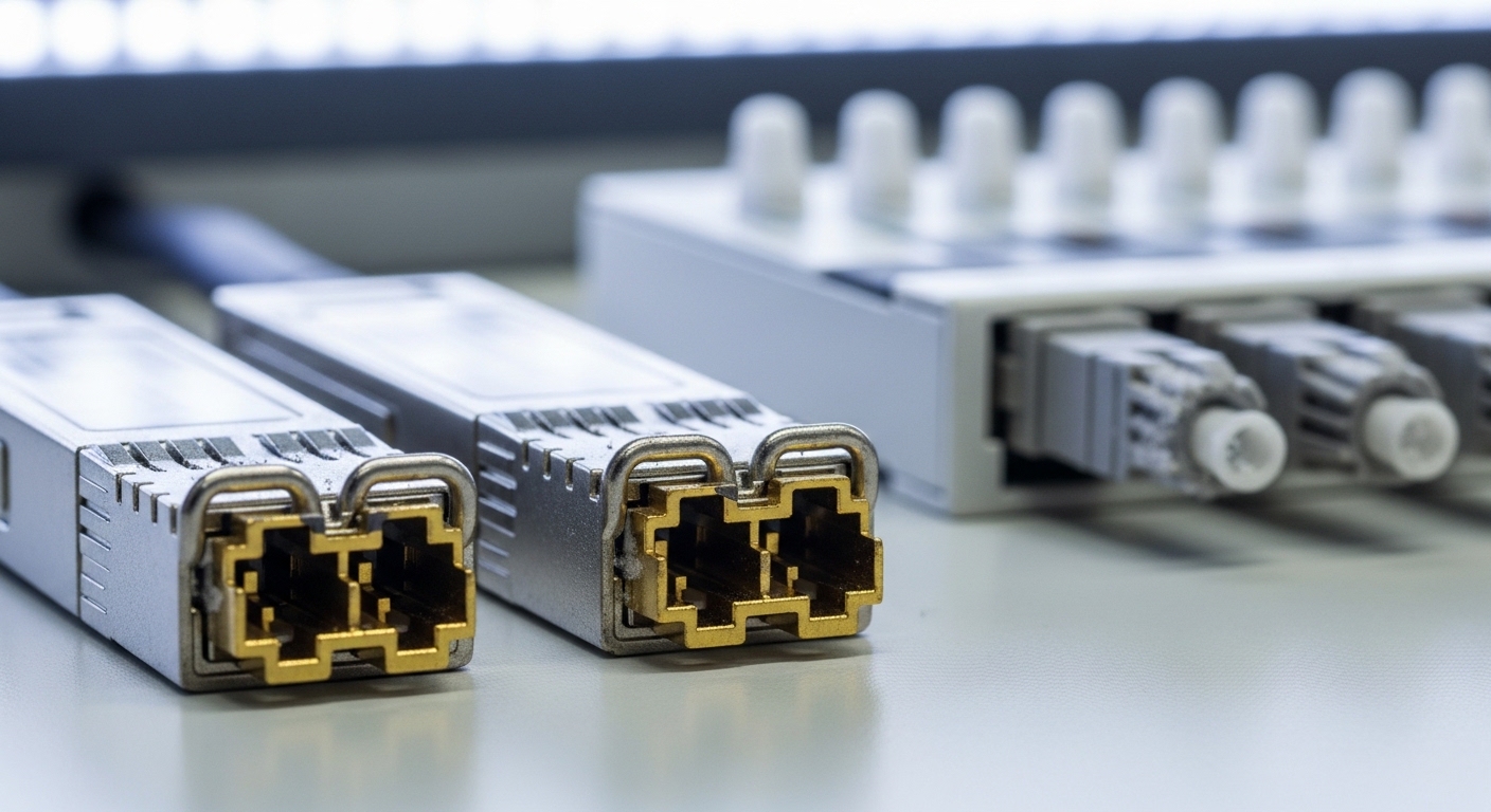 Macro photography of two SFP+ transceiver modules on a bench next to a fiber patch panel, focus on the gold-plated connector 