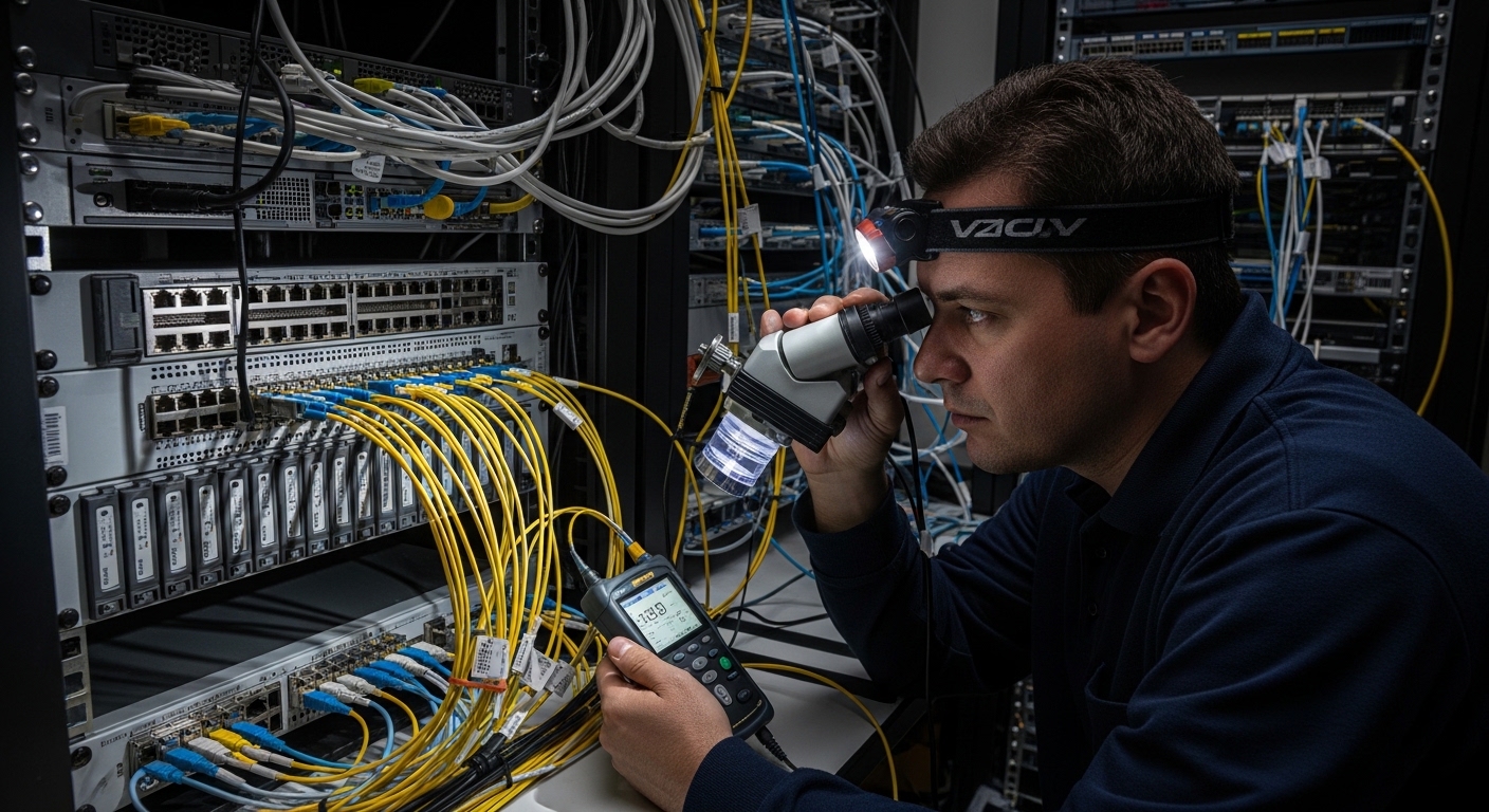 Photorealistic lifestyle scene in a server room, showing a technician using a fiber inspection microscope and a handheld opti